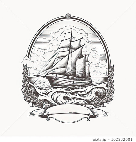 Sailboat Minimalistic Emblem Line Art Illustration 102532601