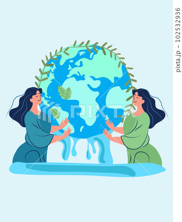 Woman cradling the globe, embodying the essence of environmental stewardship.Concept signifying environmental challenges and the importance of protecting the Earth. World water day design illustration Woman cradling the globe, embodying the essence of environmental stewardship.Concept signifying environmental challenges and the importance of protecting the Earth. World water day design illustration 102532936