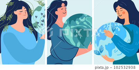 Woman Hands cradling the globe, embodying the essence of environmental stewardship. A concept signifying environmental challenges and the importance of protecting the Earth. Vector. Woman Hands cradling the globe, embodying the essence of environmental stewardship. A concept signifying environmental challenges and the importance of protecting the Earth. Vector. 102532938