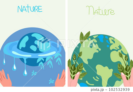 Hands cradling the globe, embodying the essence of environmental stewardship. A concept signifying environmental challenges and the importance of protecting the Earth. Vector Hands cradling the globe, embodying the essence of environmental stewardship. A concept signifying environmental challenges and the importance of protecting the Earth. Vector 102532939
