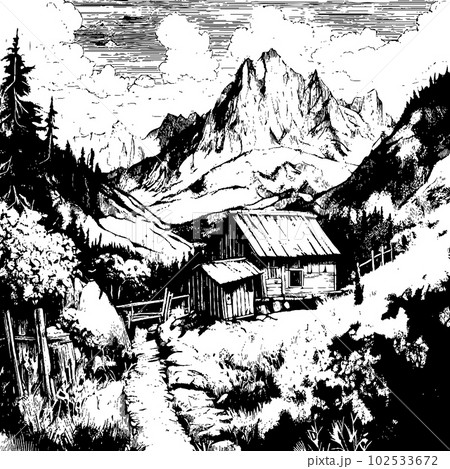 black and white vector ink illustration of small wooden house in mountains black and white vector ink illustration of small wooden house in mountains 102533672