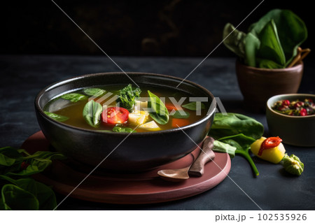 AI generated appetizing Sinigang soup in a dark green bowl AI generated appetizing Sinigang soup in a dark green bowl 102535926