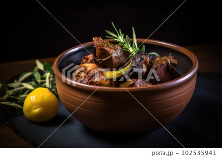 AI generated appetizing Adobo in a dark green bowl AI generated appetizing Adobo in a dark green bowl 102535941