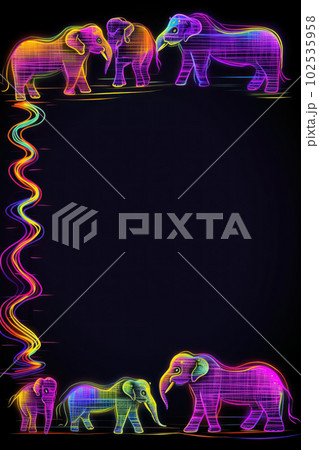 AI generated frame with Elephants and rainbow stripes on dark background AI generated frame with Elephants and rainbow stripes on dark background 102535958