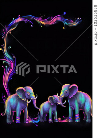 AI generated frame with Elephants and rainbow stripes on dark background AI generated frame with Elephants and rainbow stripes on dark background 102535959