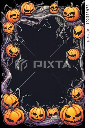 AI generated Halloween frame with pumpkins, skull and ribbons on black background AI generated Halloween frame with pumpkins, skull and ribbons on black background 102535976