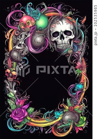 AI generated Skull and flower frame. Hand drawn illustration AI generated Skull and flower frame. Hand drawn illustration 102535985