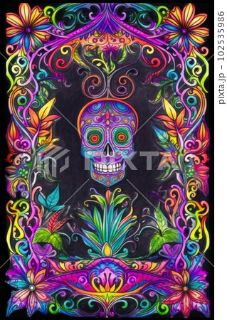 AI generated Skull and flower frame. Hand drawn illustration 102535986