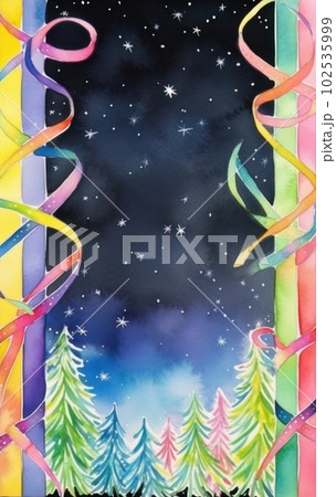 AI generated christmas card with christmas trees and ribbons on black background 102535999