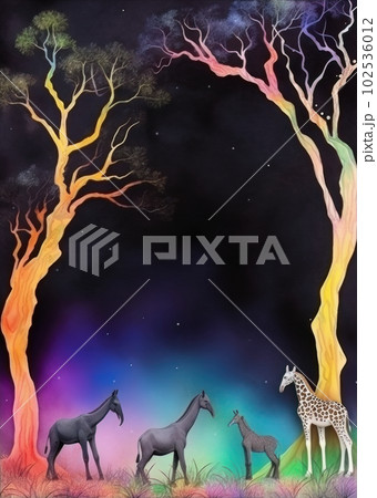 AI generated frame with Children's drawing of a tree and animals on a black background 102536012