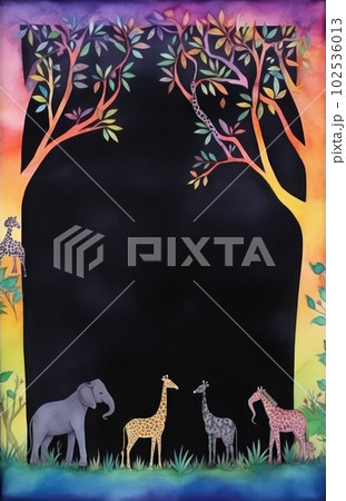 AI generated frame with Children's drawing of a tree and animals on a black background AI generated frame with Children's drawing of a tree and animals on a black background 102536013