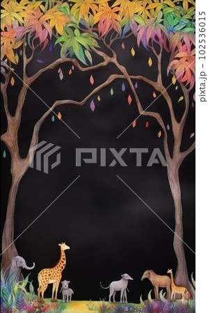 AI generated frame with Children's drawing of a tree and animals on a black background AI generated frame with Children's drawing of a tree and animals on a black background 102536015