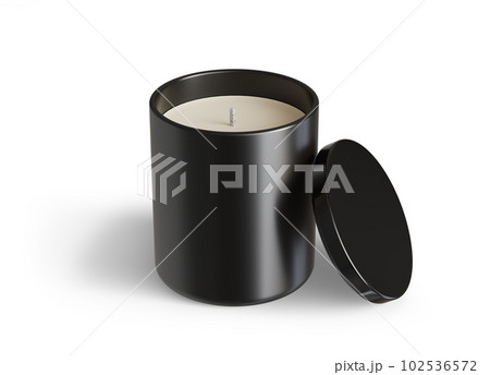 Minimalist candle mockup, black ceramic candle jar with glossy black lid open design-ready 3D render template 102536572