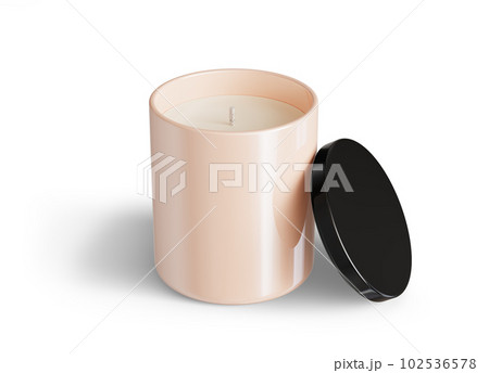 Minimalist candle mockup, beige ceramic candle jar with glossy black lid open design-ready 3D render template Minimalist candle mockup, beige ceramic candle jar with glossy black lid open design-ready 3D render template 102536578