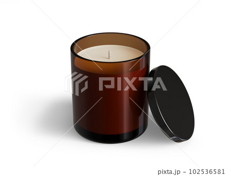 Minimalist candle mockup, amber glass candle jar with glossy black lid open design-ready 3D render template 102536581