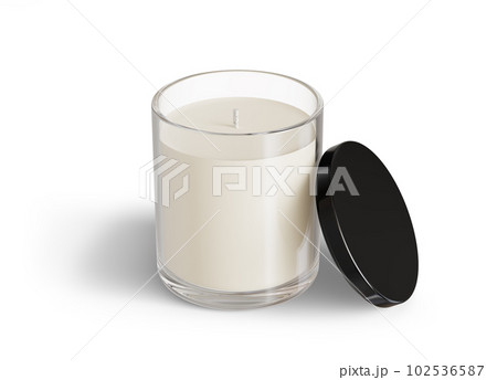 Minimalist candle mockup, clear glass candle jar with glossy black lid open design-ready 3D render template 102536587