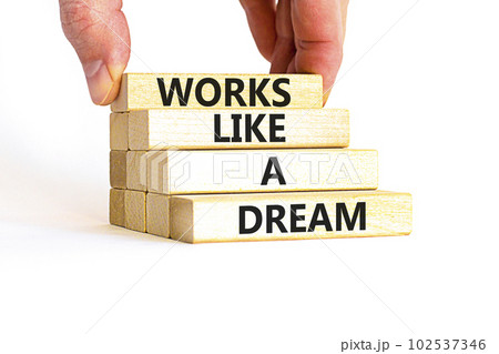 Works like a dream symbol. Concept words Works like a dream on wooden cubes. Beautiful white table white background. Businessman hand. Business motivational works like a dream concept. Copy space. Works like a dream symbol. Concept words Works like a dream on wooden cubes. Beautiful white table white background. Businessman hand. Business motivational works like a dream concept. Copy space. 102537346