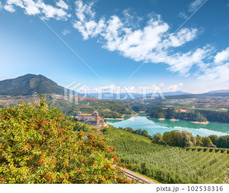 Fabulous  View of the Cles Castel, the Santa Giustina Lake and lots of apple plantations. 102538316