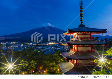 （山梨県）日本の美・新緑の新倉山浅間公園から望む富士山　夕景 102539817