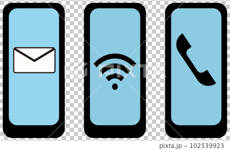 Set of 3 types of smartphones with marks on the screen: email, Wi-Fi, phone Set of 3 types of smartphones with marks on the screen: email, Wi-Fi, phone 102539923