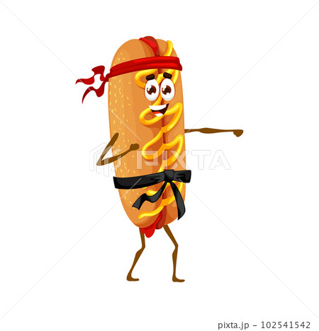Cartoon hot dog character on karate sport training. Vector fast food fighter personage, cute hotdog sandwich emoji with sausage, bun, mustard and ketchup sauce, black belt of karate rank and headband 102541542