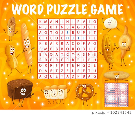 Word search puzzle game. Cartoon bakery, pastry and bread characters. Child vocabulary quiz, crossword grid vector worksheet with shoti puri, injera and marraqueta, pretzel, mantou bun cute personages Word search puzzle game. Cartoon bakery, pastry and bread characters. Child vocabulary quiz, crossword grid vector worksheet with shoti puri, injera and marraqueta, pretzel, mantou bun cute personages 102541543