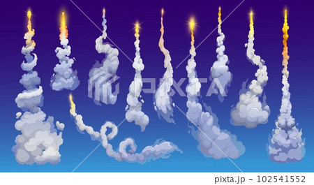 Cartoon rocket smoke trails, spaceship launch fire tail with clouds, vector spaceflight effects. Space rocket start up fire and smoke trails of galaxy shuttle or spacecraft engine and missile blast 102541552