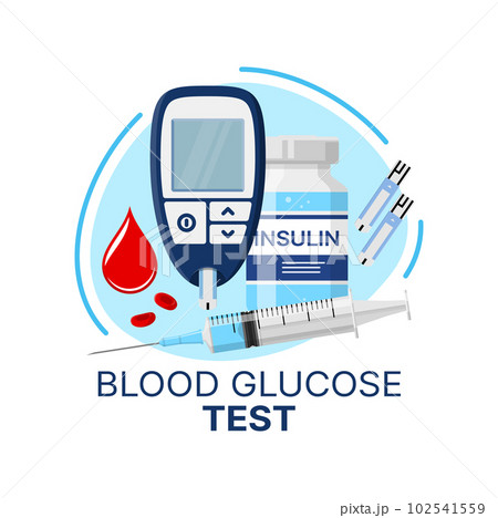 Blood glucose test icon of diabetes care. Vector insulin injection, glucometer and sugar test strips, red blood drop and syringe isolated symbol. Diabetes mellitus diagnosis, control and treatment 102541559