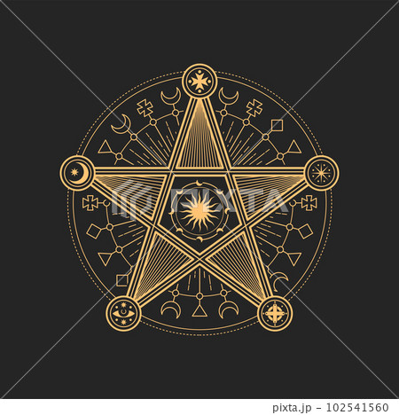 Esoteric and occult pentagram, mason or tarot symbol. Vector sacred star sign with crescent moon, Sun or stars, eye and cross. Astrological amulet, isolated tarot card spiritual magic talisman, emblem 102541560