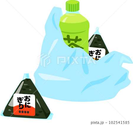 レジ袋に入ったペットボトル飲料とおにぎり レジ袋に入ったペットボトル飲料とおにぎり 102541585