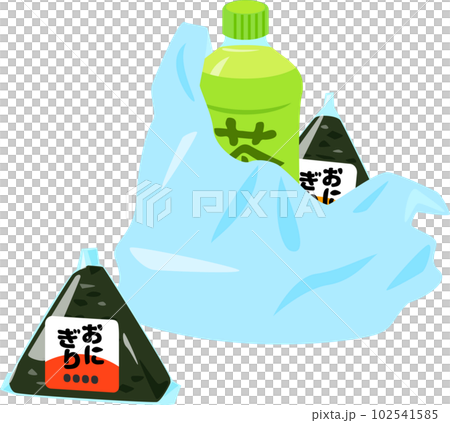 レジ袋に入ったペットボトル飲料とおにぎり レジ袋に入ったペットボトル飲料とおにぎり 102541585