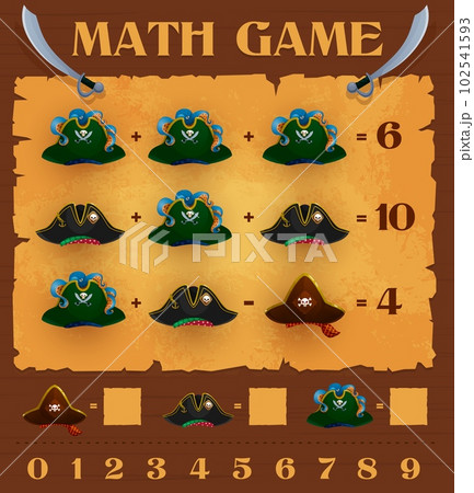 Cartoon pirate captain tricorn cocked hat math game worksheet. Vector educational puzzle with corsair headwear, sabers and old map. Riddle page with buccaneer caps. Numeracy skills development quiz Cartoon pirate captain tricorn cocked hat math game worksheet. Vector educational puzzle with corsair headwear, sabers and old map. Riddle page with buccaneer caps. Numeracy skills development quiz 102541593