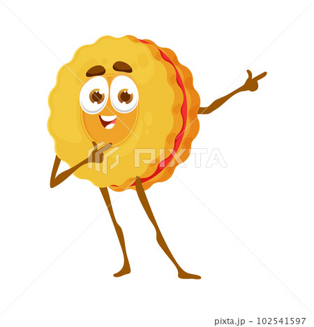 Cartoon cookie funny character. Sweet pastry, bakery shop dessert funny vector mascot or fresh confectionery isolated cookie cheerful vector personage with jam inside and smiling face Cartoon cookie funny character. Sweet pastry, bakery shop dessert funny vector mascot or fresh confectionery isolated cookie cheerful vector personage with jam inside and smiling face 102541597