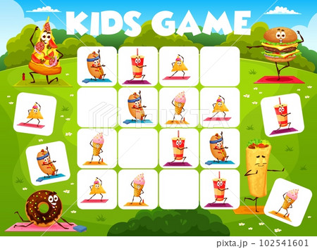 Sudoku kids game, cartoon fast food yoga characters, vector puzzle worksheet. Cheeseburger, pizza and donut on fitness sport, burrito and ice cream with soda and nacho in sudoku puzzle game quiz 102541601