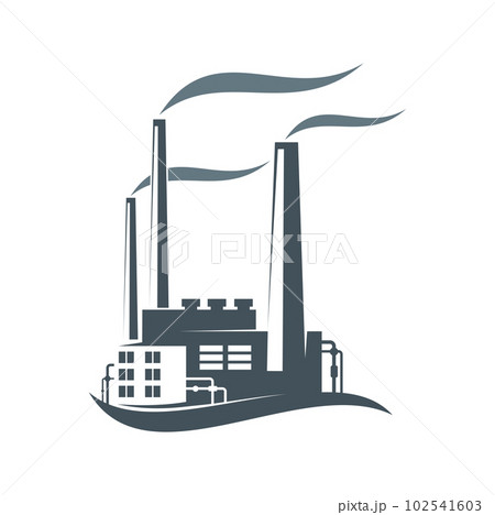 Plant or factory icon of industry building, power electricity, energy or chemical production, vector nuclear station. Factory plant with smoke symbol, oil refinery or gas pipeline factory with chimney Plant or factory icon of industry building, power electricity, energy or chemical production, vector nuclear station. Factory plant with smoke symbol, oil refinery or gas pipeline factory with chimney 102541603