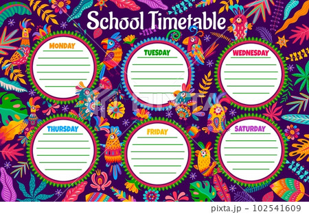 Education timetable schedule. Cartoon parrot birds and jungle flowers. Children study weekly schedule, school lesson daily timetable or planner vector template with funny tropical birds characters Education timetable schedule. Cartoon parrot birds and jungle flowers. Children study weekly schedule, school lesson daily timetable or planner vector template with funny tropical birds characters 102541609