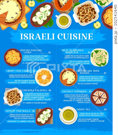 Israeli cuisine menu page template. Green tea, potato pancake latke and coconut pyramids, meat dumplings Kreplach, sefilte fish balls and chickpea falafels, crispy fish cakes, cheesecake with raisins 102541640