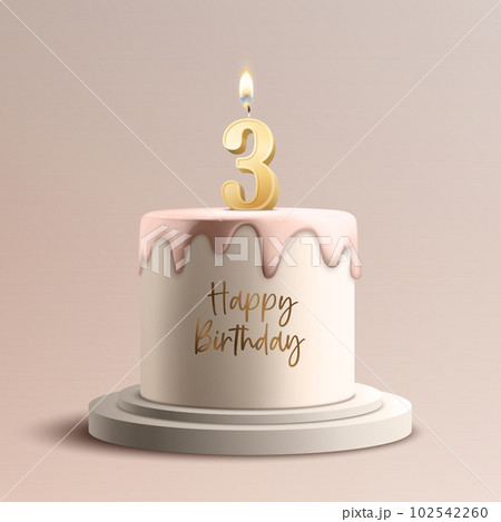Three Years. Vector Birthday Anniversary Sweet Cake. Greeting Card, Banner with 3d Realistic Burning Golden Birthday Party Candle, Number, Flame. Icon Design Template for Birthday Concept. Front View 102542260