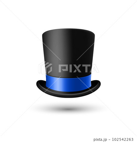 Vector 3d Realistic Black Top Hat Icon with Blue Ribbon Closeup Isolated. Classic Retro Vintage Top Hat, Vintage Gentlemans Mens Hat, Front View 102542263