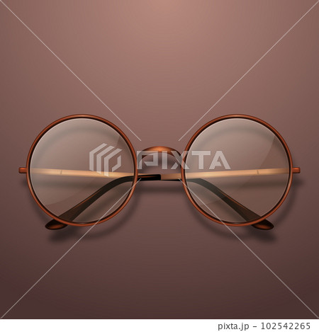 Vector 3d Realistic Round Frame Glasses. Brown Color Frame. Colorless Transparent Sunglasses for Women and Men, Accessory. Optics, Lens, Vintage, Trendy Glasses. Front, Top View 102542265