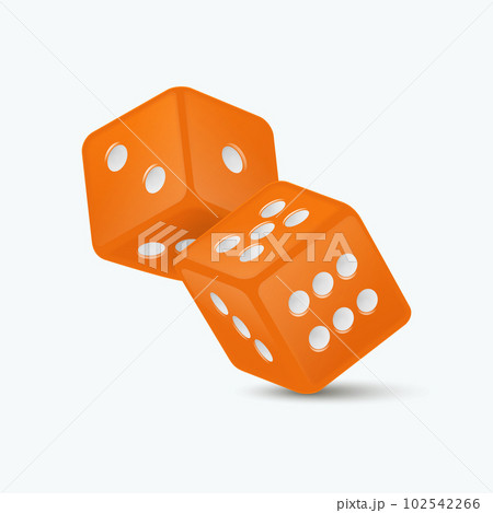 Vector 3d Realistic Orange Game Dice with White Dots Set Closeup Isolated on White Background. Game Cubes Couple for Gambling in Different Positions, Casino Dices, Round Edges 102542266