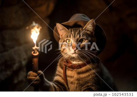 暗闇の洞窟を松明を掲げて進む冒険家猫:AI作品 暗闇の洞窟を松明を掲げて進む冒険家猫:AI作品 102543531