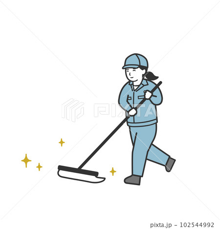 笑顔でモップをかける女性清掃員のイラスト 102544992