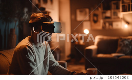 夜の家でVRゲームや映画を楽しむVRゴーグルをつけた男性（Generative AI） 102545008