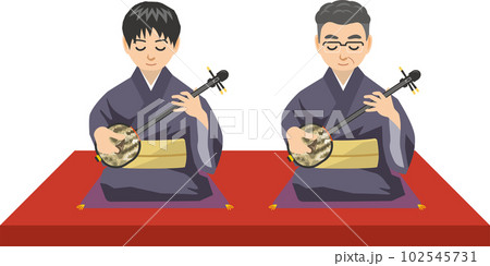 さんしんを座って弾いている男性2人のイメージイラスト(地謡) さんしんを座って弾いている男性2人のイメージイラスト(地謡) 102545731