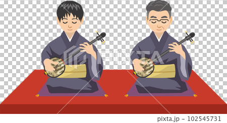 さんしんを座って弾いている男性2人のイメージイラスト(地謡) さんしんを座って弾いている男性2人のイメージイラスト(地謡) 102545731