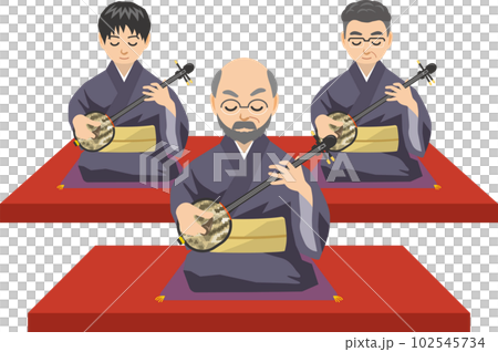 さんしんを座って弾いている男性3人のイメージイラスト（地謡） 102545734