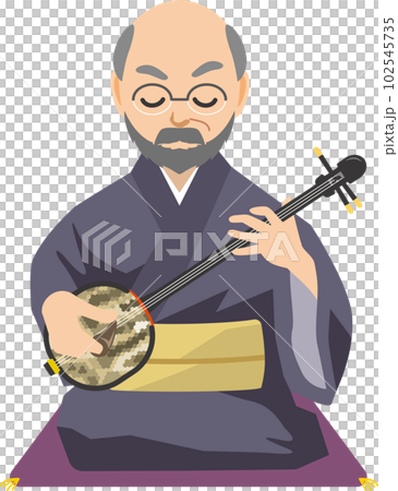 Image illustration of an elderly man sitting and playing Sanshin (Chiyo) Image illustration of an elderly man sitting and playing Sanshin (Chiyo) 102545735