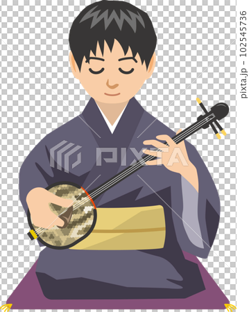 さんしんを座って弾いている若い男性のイメージイラスト（地謡） 102545736