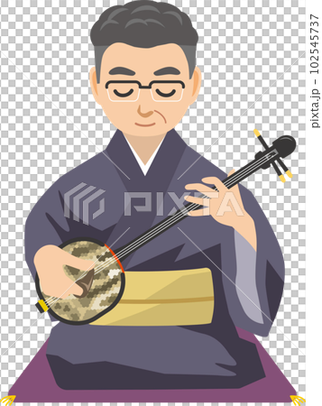 坐著玩三線（千代）的中年男子形象插畫 102545737
